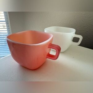 Glasbake | Set 2 | Pink White Vintage 50-60s Square Mugs Cups Retro Milk Glass